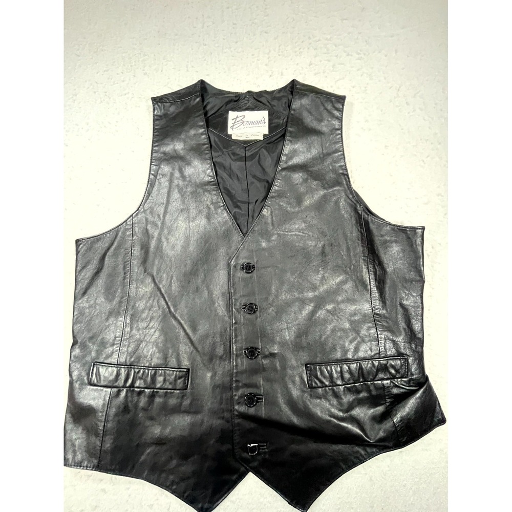 Vintage Bernards Vest Mens 40 Black Genuine Leather Western Biker Button Front